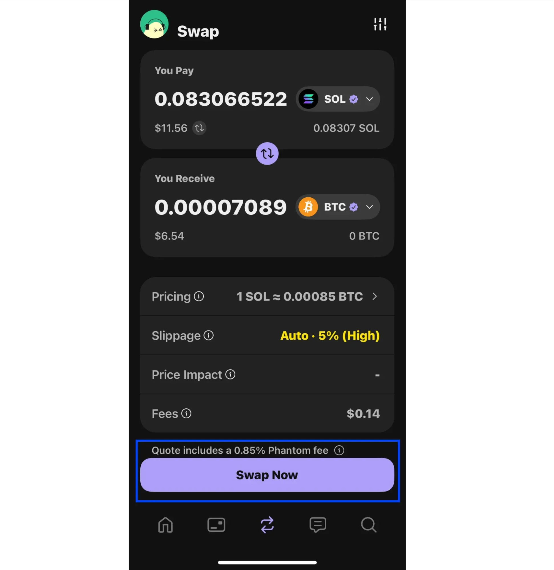 This picture shows how to confirm the swap in phantom wallet