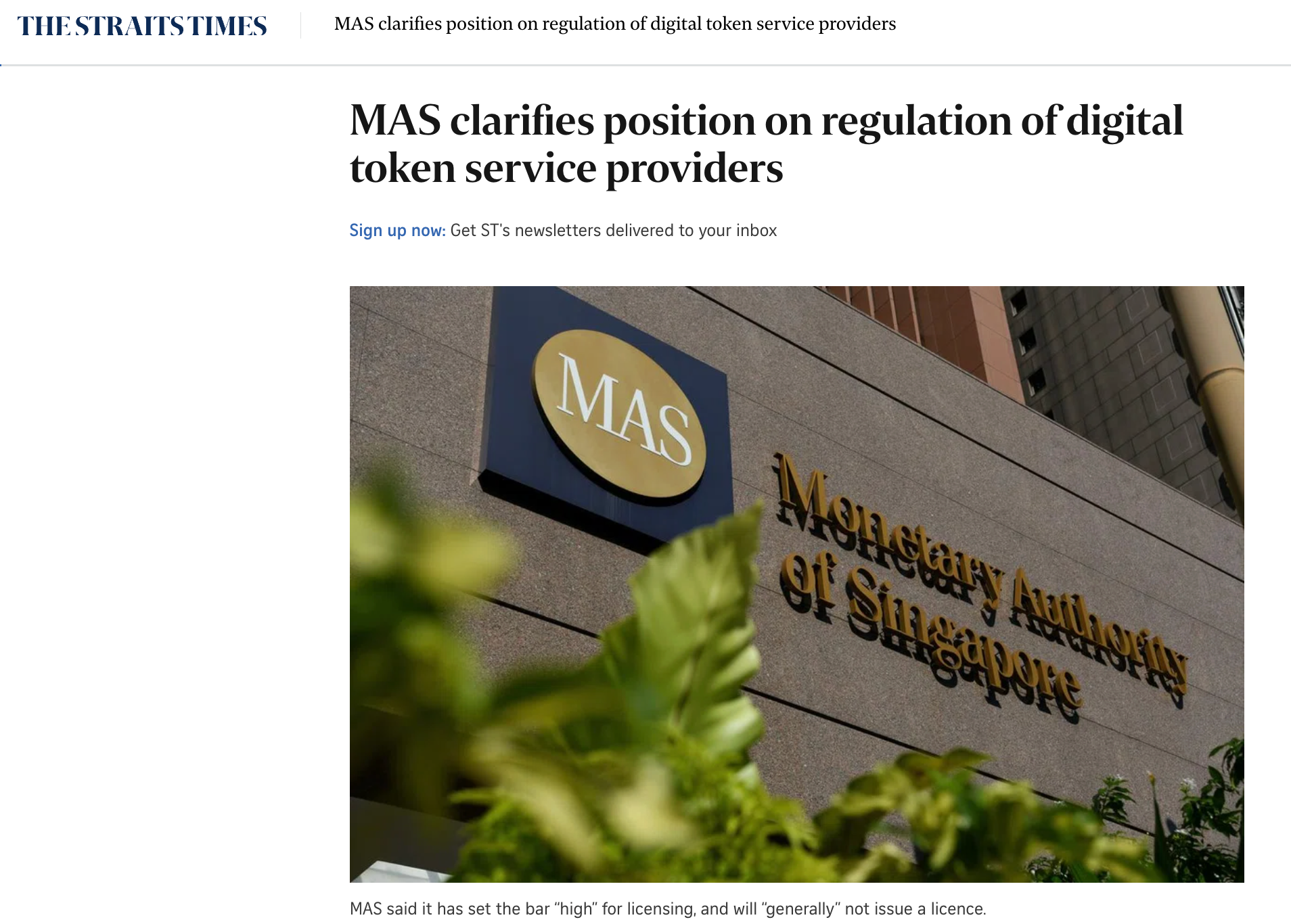 This image shows the article: "MAS clarifies position on regulation of digital token service providers".