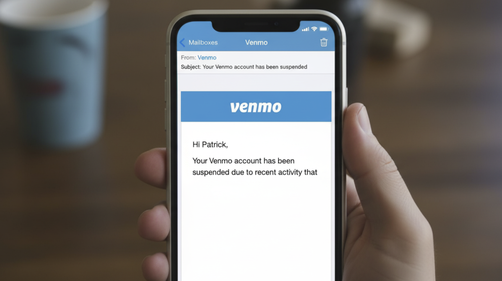 This picture shows a notification about frozen Venmo account