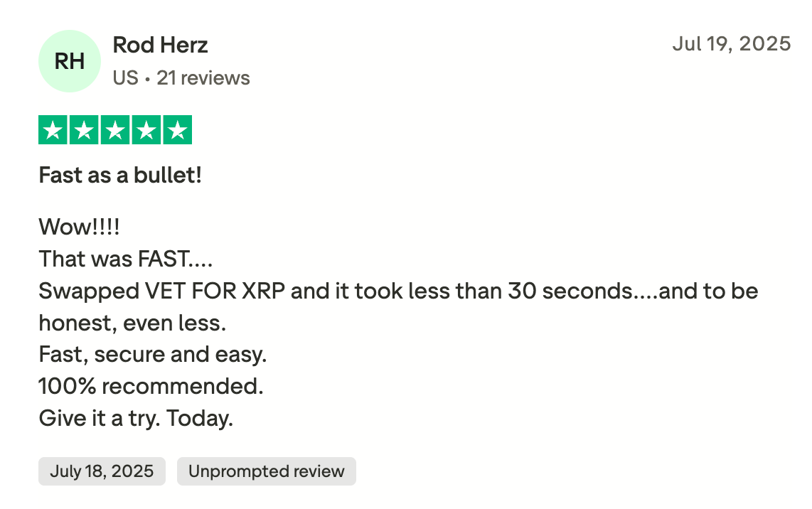 This picture shows ChangeNOW Trustpilot review. User tells about VET to XRP swapping, highlighting that it took just 30 seconds