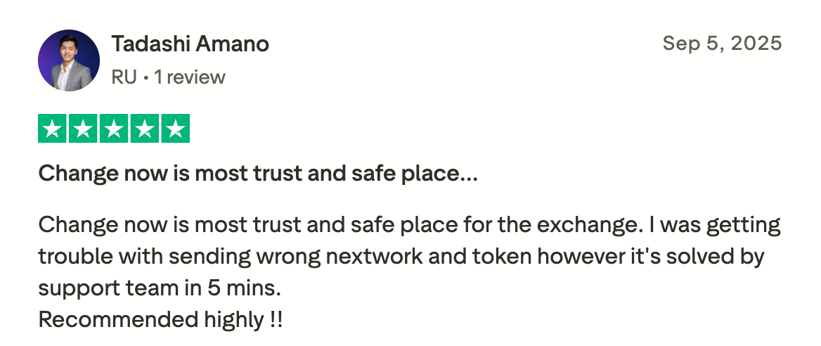 This picture show Tadashi Amano's review on TrustPilot. The user says ChangeNOW is his most trusted and safe place