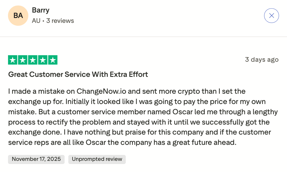 This picture shows positive review about ChangeNOW from TrustPilot. The user named Barry praises ChangeNOW for great customer service.