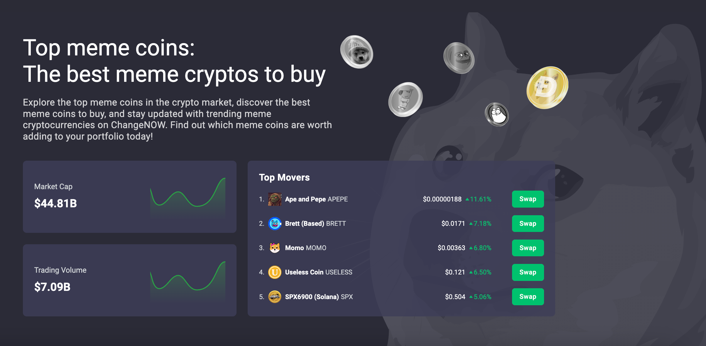 This picture shows ChangeNOW's Memecoin portal