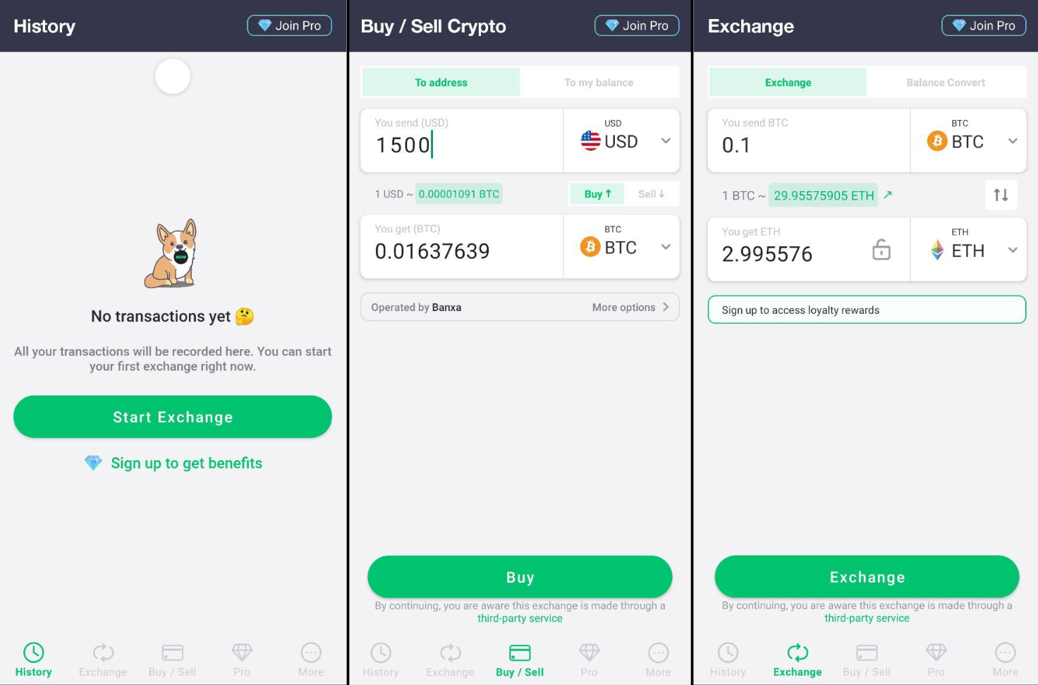 Good UX example crypto wallet changenow