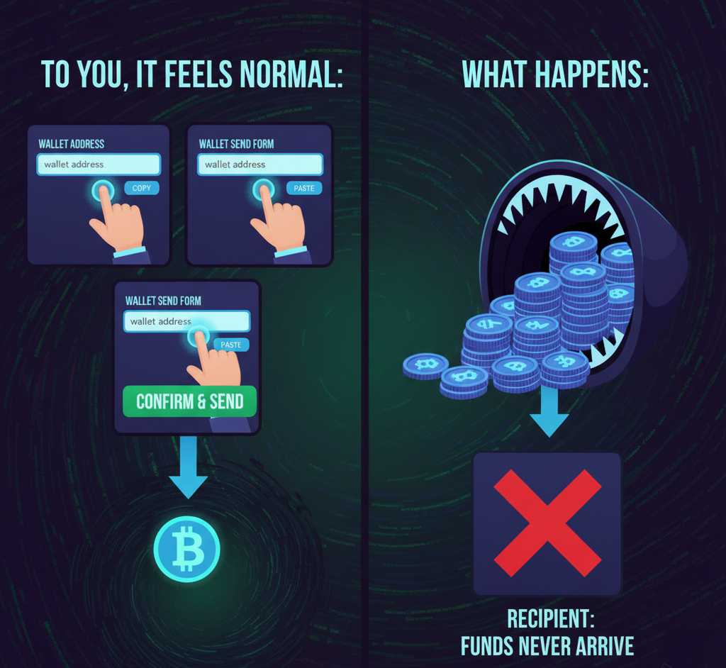 Copy and paste malware explained: clipboard hijacking replaces crypto wallet addresses, causing users to send funds to scammers instead of their intended wallet.