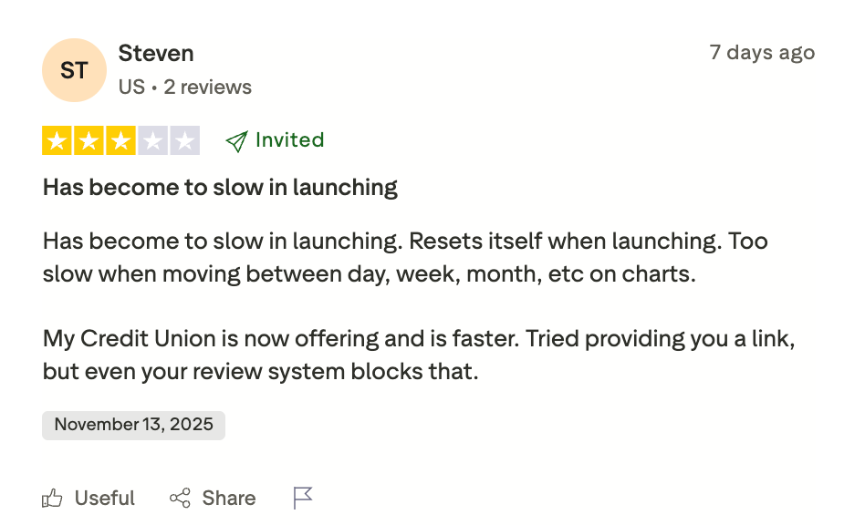 This picture shows Kraken's Trustpilot review. The user named Steven says the app launching is too slow