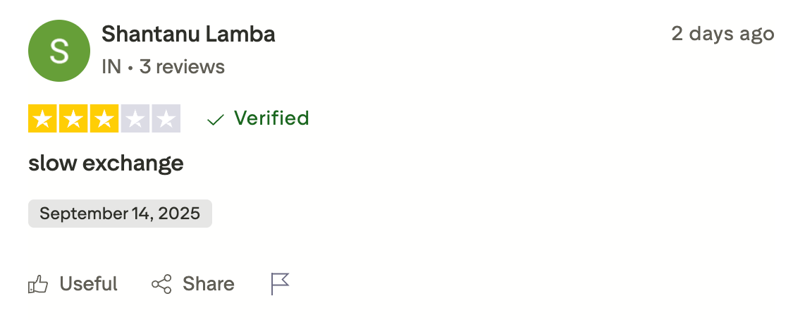 This picture shows LetsExchange review on Trustpilot, where user says the exchange was slow