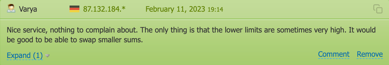 This picture shows LetsExchange review on Trustpilot, where user advices the platform to make smaller minimum amounts