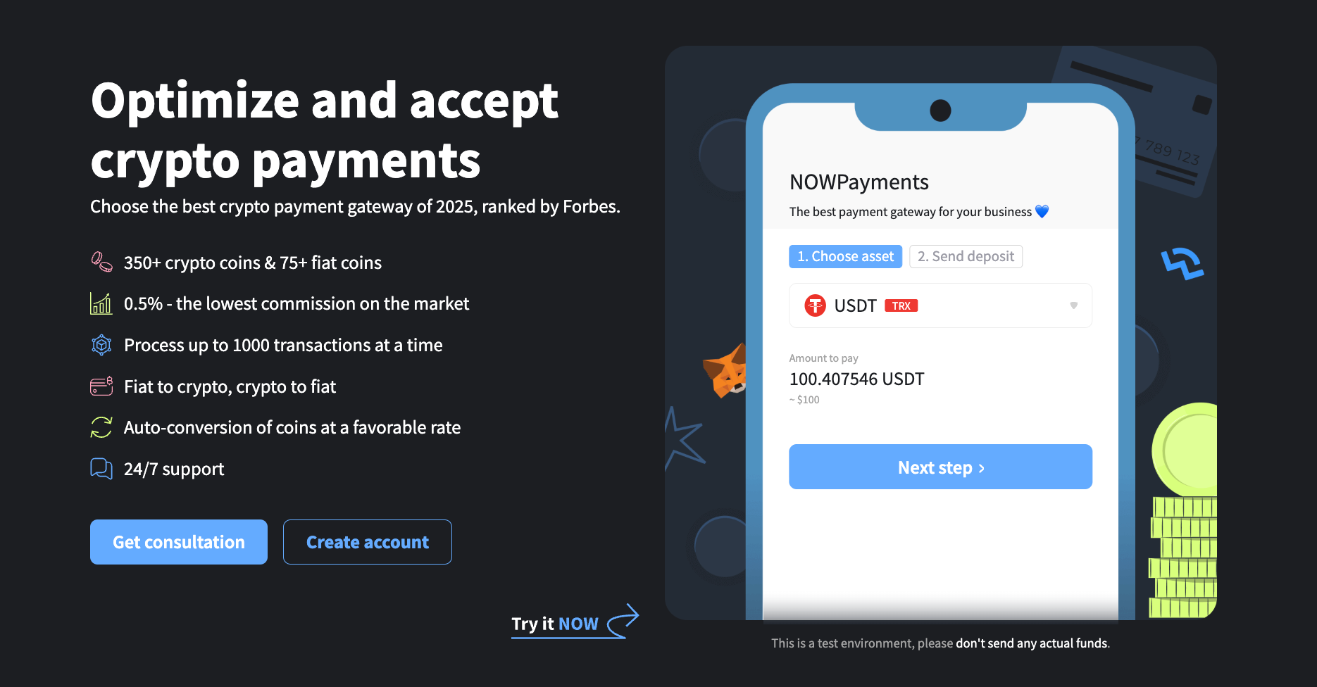 NOWPayments crypto payment gateway interface — accept USDT and 350+ cryptocurrencies with 0.5% commission, ranked best crypto payment gateway by Forbes 2025