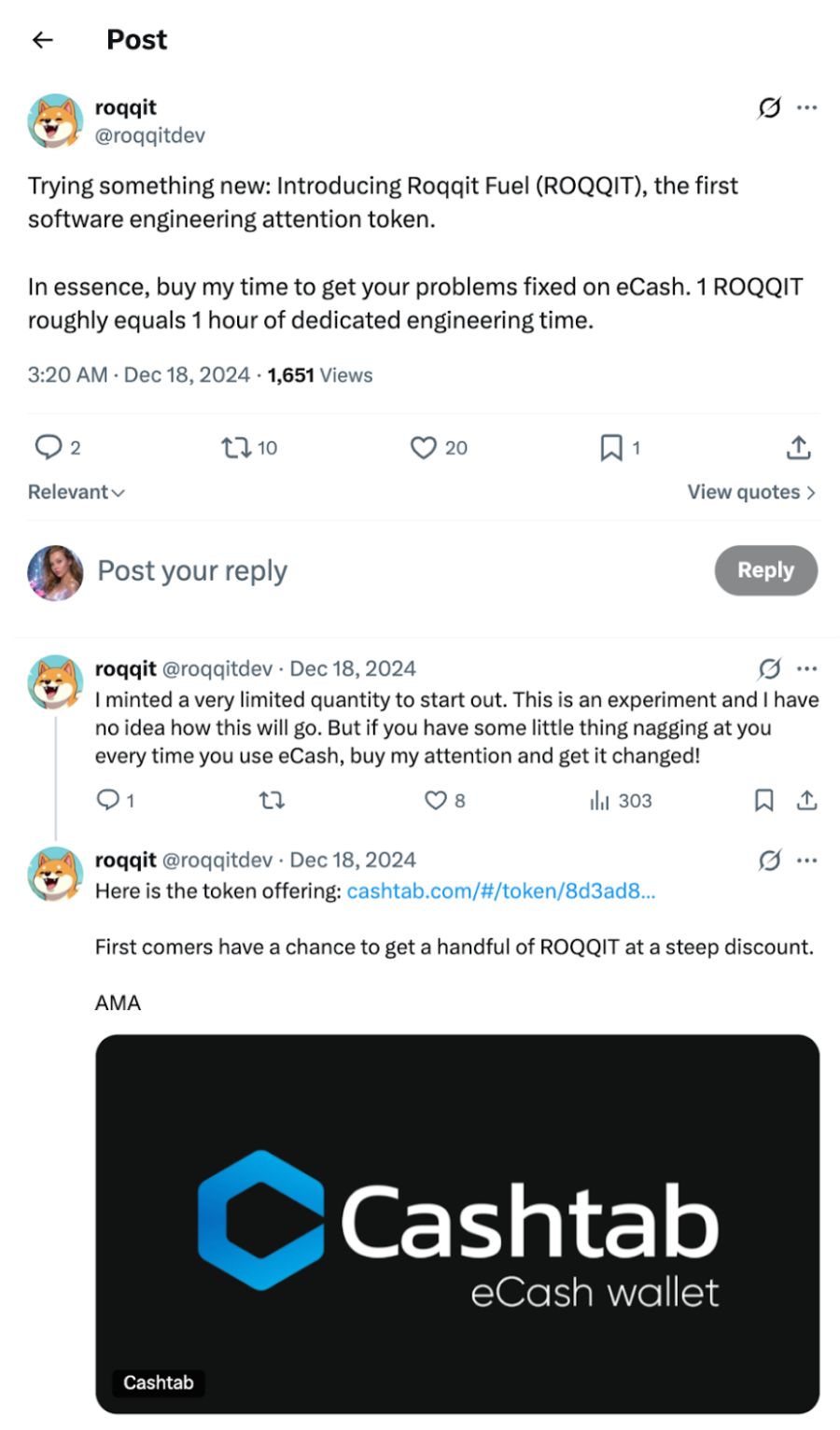 Example of tokenized service model on eCash (ROQQIT).