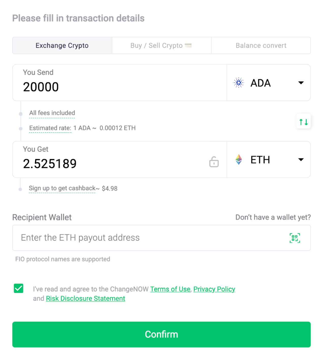 ChangeNOW ADA to ETH swap calculator showing estimated output and included fees.