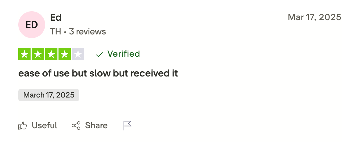 This picture shows ChangeNOW Trustpilot review: the user praises ease of use but is not satisfied with the speed