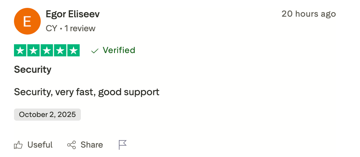 This picture shows LetsExchange Trustpilot review: the user praises the speed, security and good support