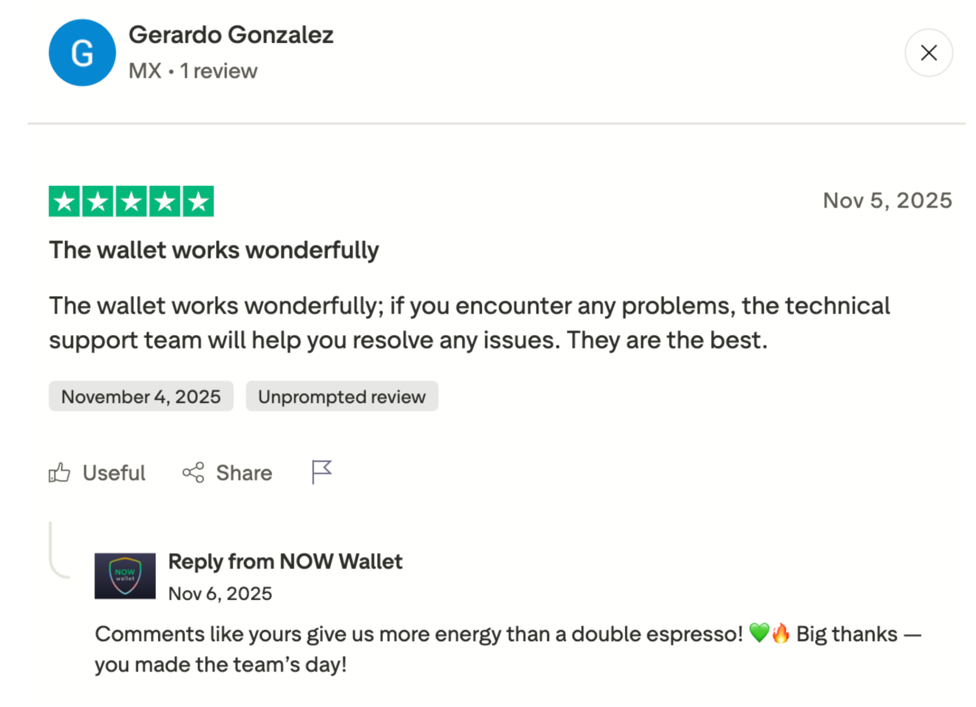 5 stars review for NOW Wallet in Trustpilot.