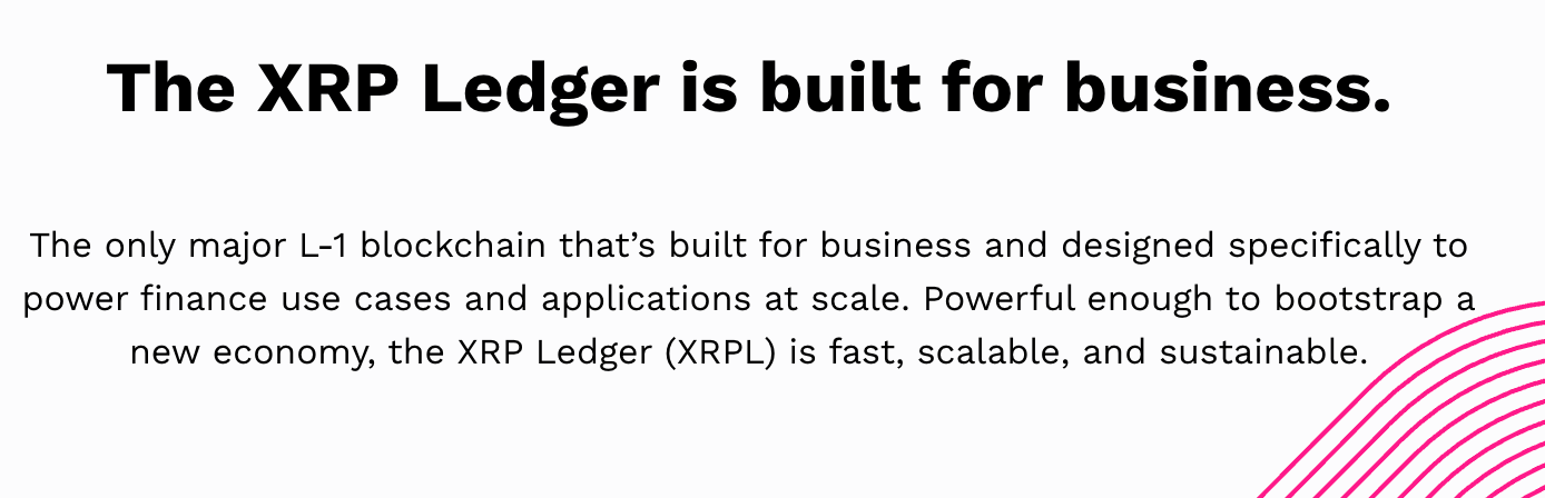 Picture describing the XRP Ledger as a Layer-1 blockchain built for business, designed for financial applications with fast, scalable, and sustainable transaction processing.
