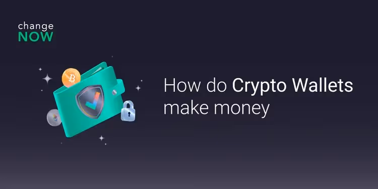 Graphic illustrating the concept of how crypto wallets make money. The image features a teal wallet with a shield icon, Bitcoin and Ethereum coins, and a lock symbol.